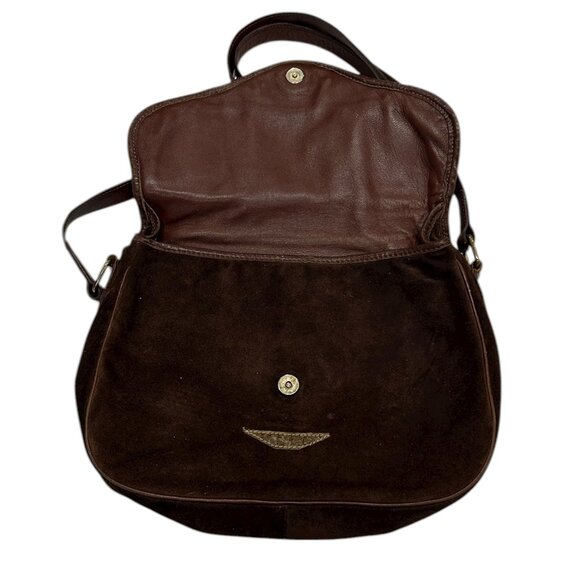 Vtg Saggio Brown Suede Crossbody Bag Boho Hippie Slouchy Snakeskin Trim Festival - Picture 2 of 8